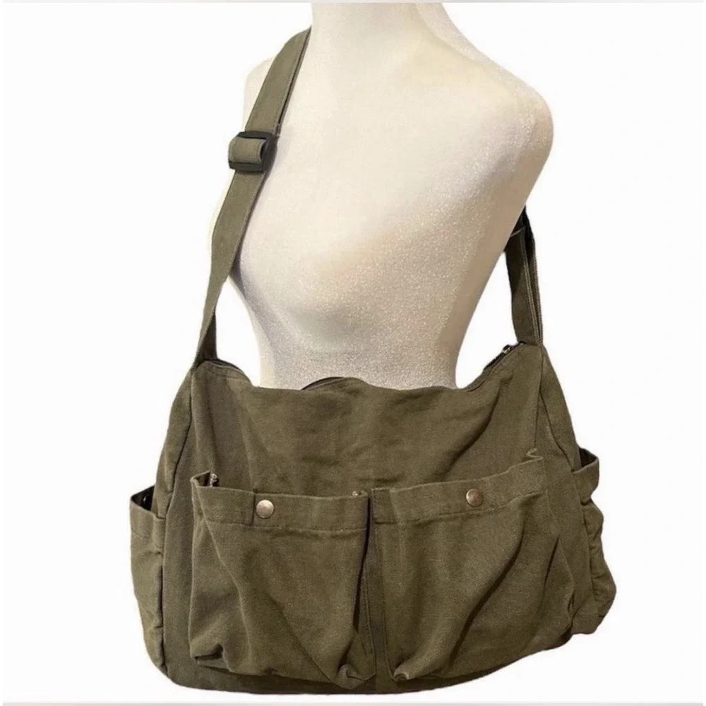 Unisex Canvas Crossbody / Messenger Bag - Large Capacity - Khaki - New